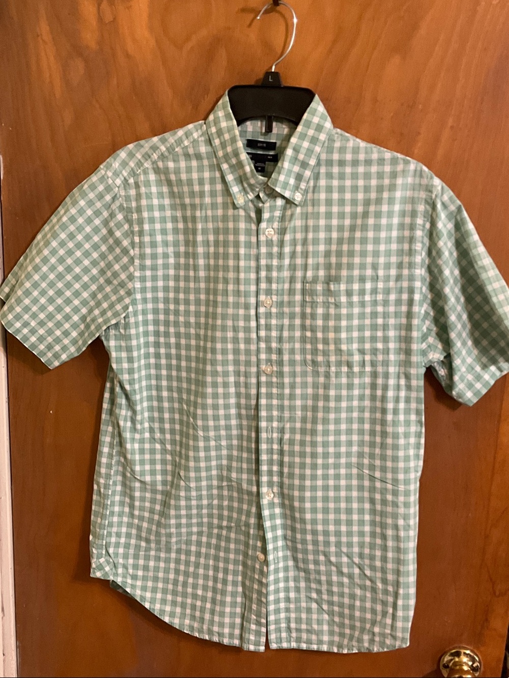 GAP Light Green and White Gingham Short-Sleeve Button-Down Shirt